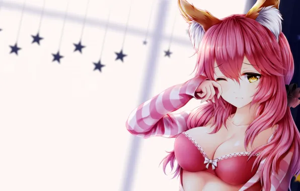 Girl, sexy, lingerie, bra, cleavage, pink hair, long hair, boobs
