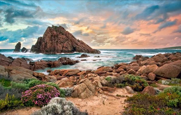 Картинка пляж, закат, скала, камни, Австралия, западная