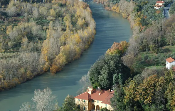 Картинка осень, лес, дом, река, долина