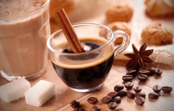 Стакан, кофе, зерна, палочки, печенье, чашка, сахар, корица