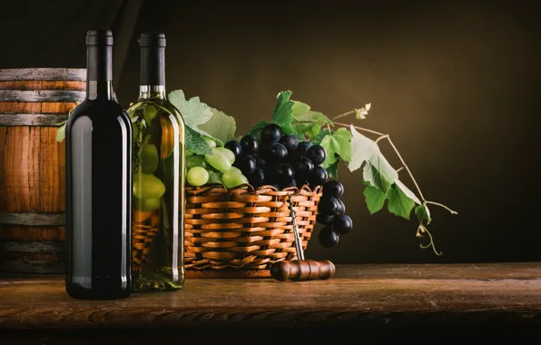 Картинка листья, вино, корзина, виноград, бутылки, полумрак, штопор, бочонок