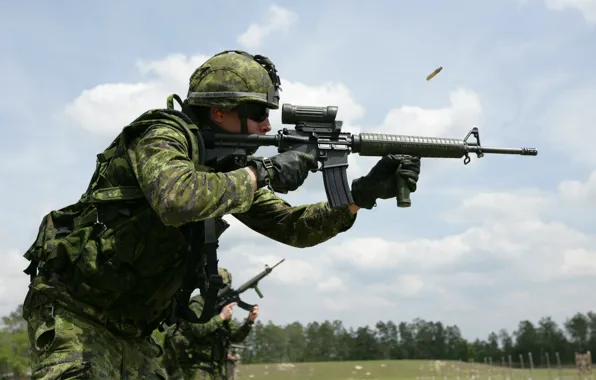 Soldier, trees, man, warrior, Canadian, helmet, assault rifle, uniform