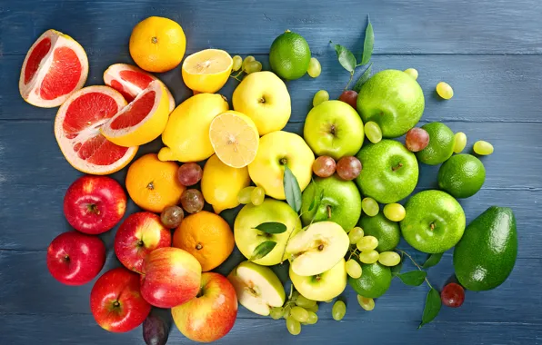 Картинка яблоки, виноград, красные, фрукты, лимоны, зелёные, авокадо, слива