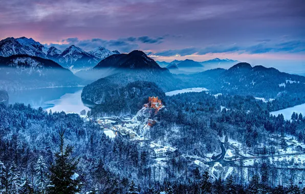 Картинка зима, лес, снег, горы, замок, Германия, озёра, Хоэншвангау