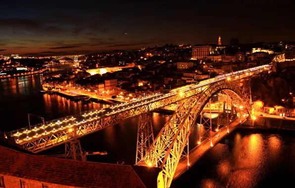 Картинка ночь, мост, город, река, river, bridge, night, Porto sentido