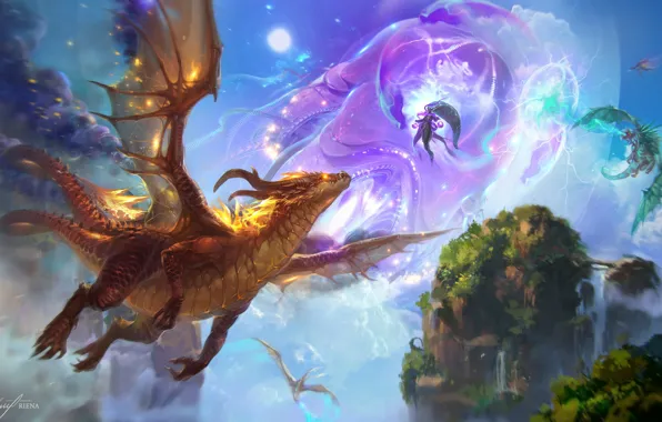 Girl, Fantasy, Sky, Dragon, Fire, Art, Style, Illustration