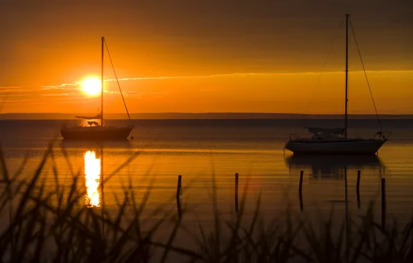 Закат, Солнце, Яхты, Sunset, Венгрия, Hungary, Lake Balaton, Tihany