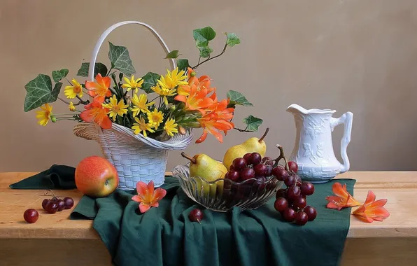 Картинка цветы, корзина, яблоко, виноград, ваза, кувшин, фрукты, натюрморт