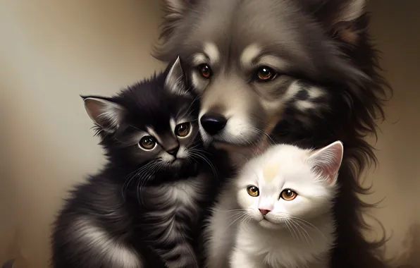 Котенок, собака, арт, котята, щенок, малыши, трио, милые