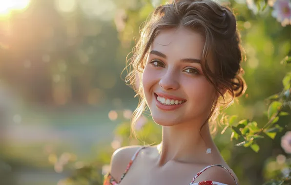 Взгляд, девушка, свет, природа, улыбка, шатенка, ИИ-арт, нейросеть