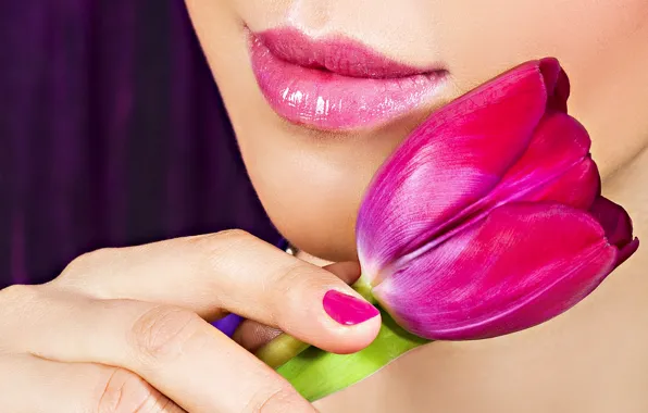 Цветок, лицо, тюльпан, губы