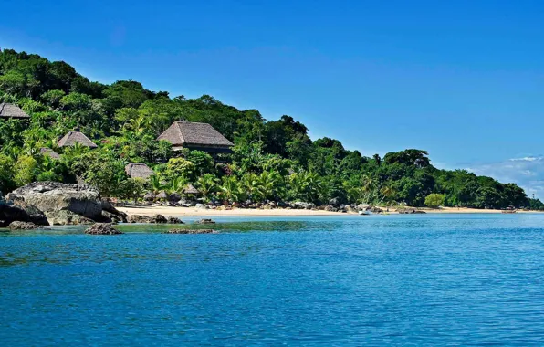 Пляж, океан, побережье, растительность, курорт, Мадагаскар, Madagascar, Tsara Komba lodge