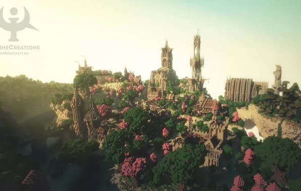 Лес, небо, мост, город, река, башня, fantasy, Minecraft