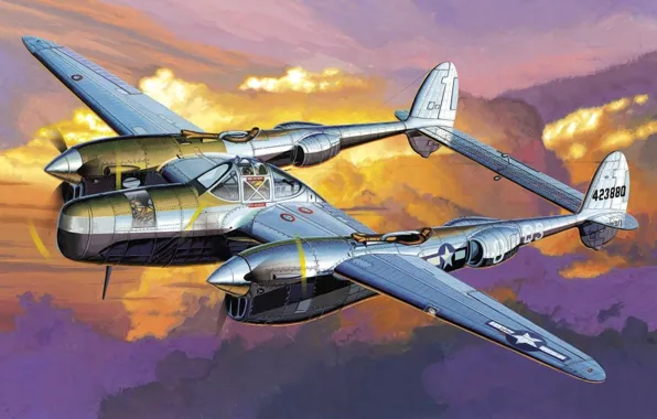 Картинка war, art, airplane, painting, aviation, P-38 Pathfinder