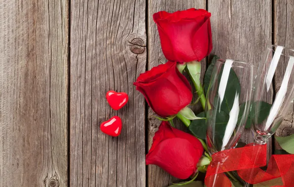 Любовь, цветы, розы, букет, бокалы, сердечки, красные, red