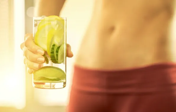 Woman, healthy, abs, water with lemon