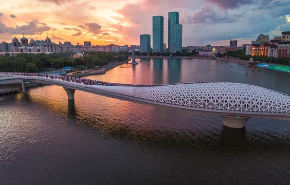 Bridge, city lights, clouds, astana, building, city landscape, ishim river