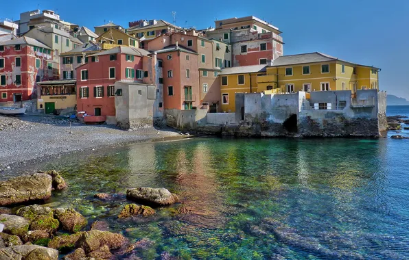 Картинка море, город, камни, фото, дома, Италия, Генуя, Лигурия