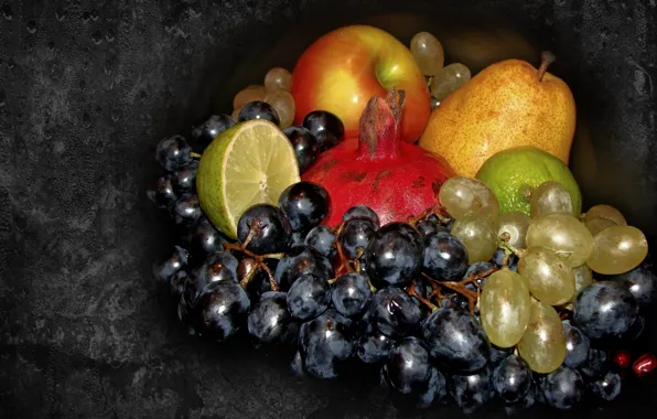 Картинка яблоко, виноград, лайм, груша, фрукты, натюрморт, гранат, авторское фото Елена Аникина