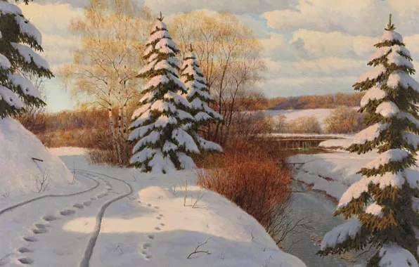 Картинка зима, снег, деревья, пейзаж, следы, река, берег, елки