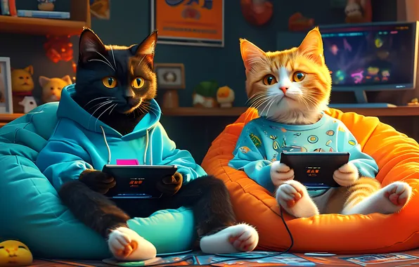 Коты, черный кот, рыжий кот, геймеры, планшеты