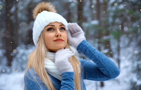 Картинка girl, Model, long hair, photo, blue eyes, winter, snow, bokeh