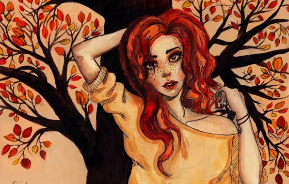 Картинка осень, взгляд, листья, девушка, лицо, дерево, волосы, руки