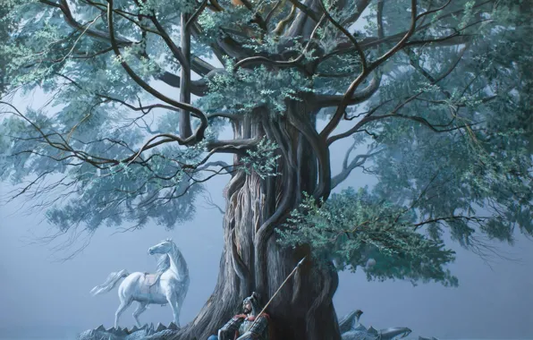 Картинка дерево, дракон, воин, копье, белый конь, Байтерек, уставший, Айбек Бегалин