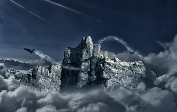 Картинка облака, полет, скала, самолет, гора, дыра, истребитель, арт