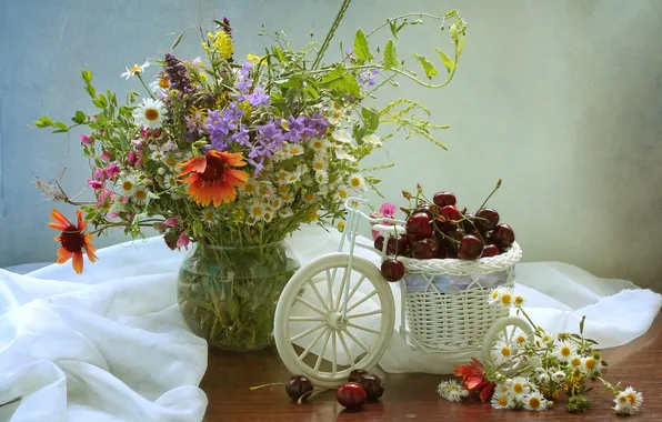 Картинка лето, вишня, ягоды, ромашки, букет, натюрморт, композиция, душистый горошек