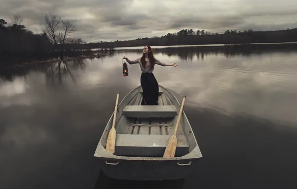 Картинка девушка, озеро, лодка, лампа