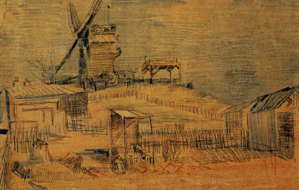 Картинка Windmill, Винсент ван Гог, and the Blute-Fin, Gardens on Montmartre