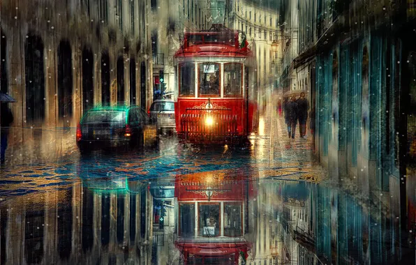 Машины, город, дождь, транспорт, улица, трамвай
