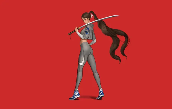 Девушка, Минимализм, Стиль, Girl, Волосы, Меч, Костюм, Red
