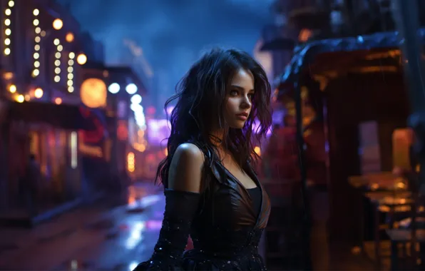 Картинка дорога, взгляд, девушка, свет, ночь, город, огни, поза