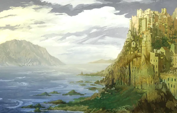 Море, облака, замок, скалы, нарисованный пейзаж