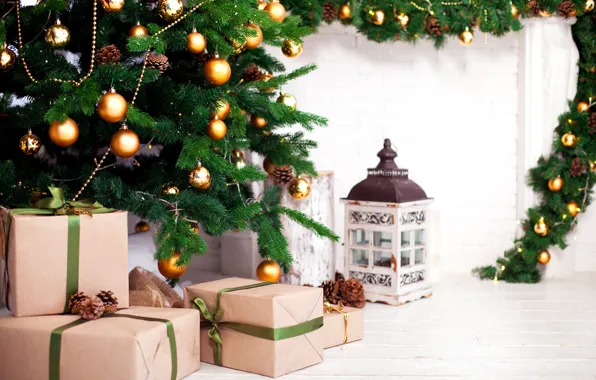 Украшения, шары, игрушки, елка, фонарь, подарки, Новый год, шишки