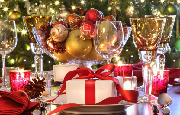 Подарок, шары, свечи, блестки, бокалы, Рождество, Новый год, New Year
