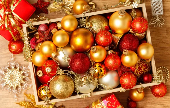 Шарики, украшения, коробка, шары, игрушки, Новый Год, Рождество, красные