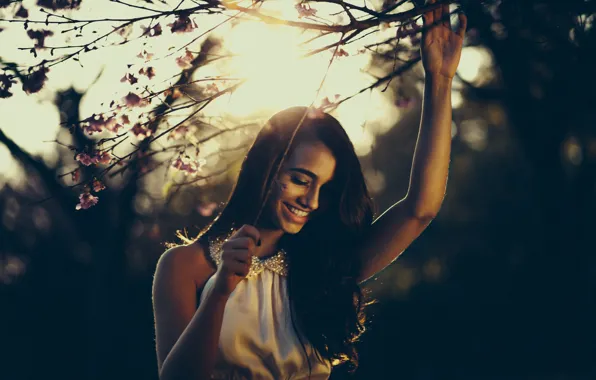 Girl, smile, flowers, tree, hair, sunlight, branches, joy