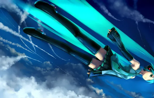 Облака, vocaloid, Hatsune Miku, летит, голубые волосы, синее небо, черные чулки, след от самолета