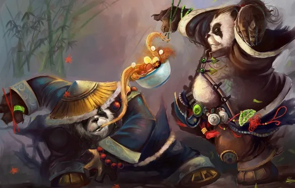 Картинка две, еда, шляпа, бамбук, World of Warcraft, панды, пиала, Mists of Pandaria