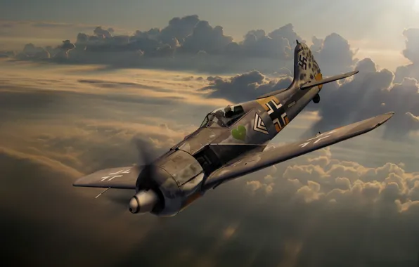 Картинка небо, облака, рисунок, истребитель, арт, немецкий, Fw 190, Фокке-Вульф