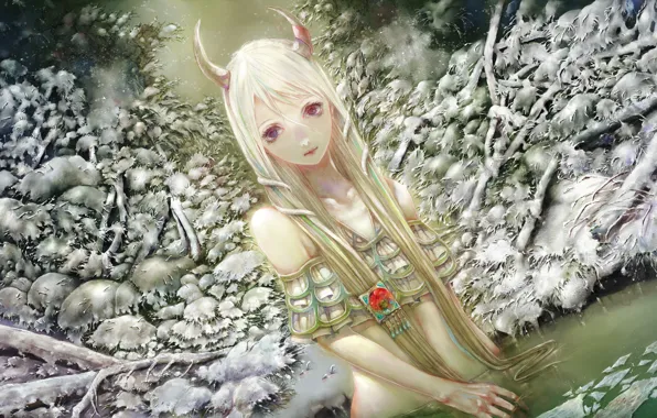 Картинка зима, лес, девушка, снег, озеро, арт, рога, touhou