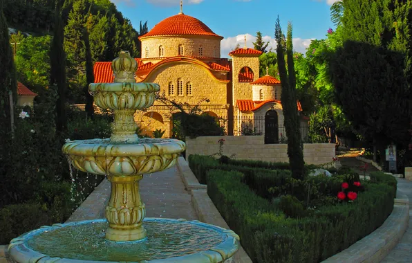Деревья, парк, дорожки, Греция, фонтан, храм, монастырь, Limassol