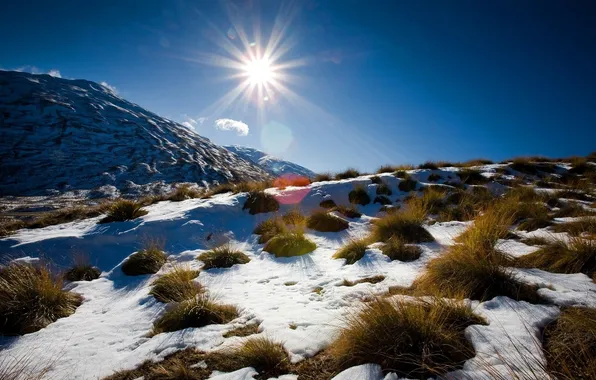 Картинка зима, небо, солнце, снег, пейзаж, горы, природа, склон
