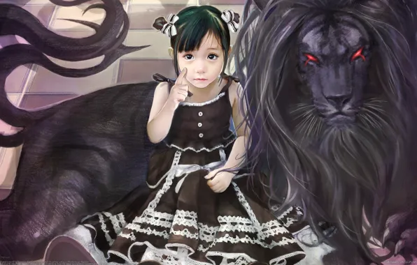 Картинка рисунок, Девочка, черный лев
