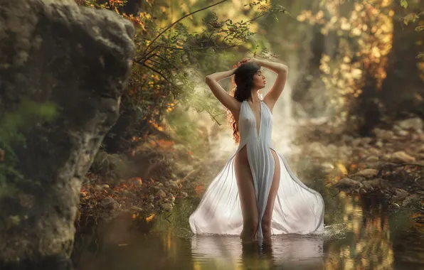Вода, девушка, природа, поза, камни, платье, брюнетка, Evgeny Loza