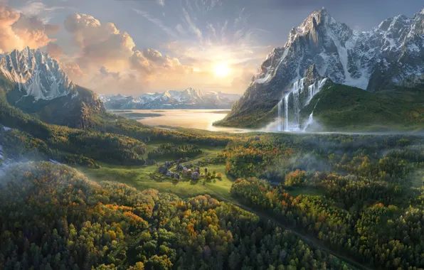 Картинка горы, озеро, водопад, долина, городок, Olga Antonenko