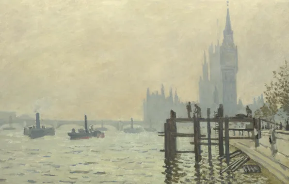 Картинка пейзаж, туман, река, лодка, картина, Клод Моне, Темза в Вестминстере
